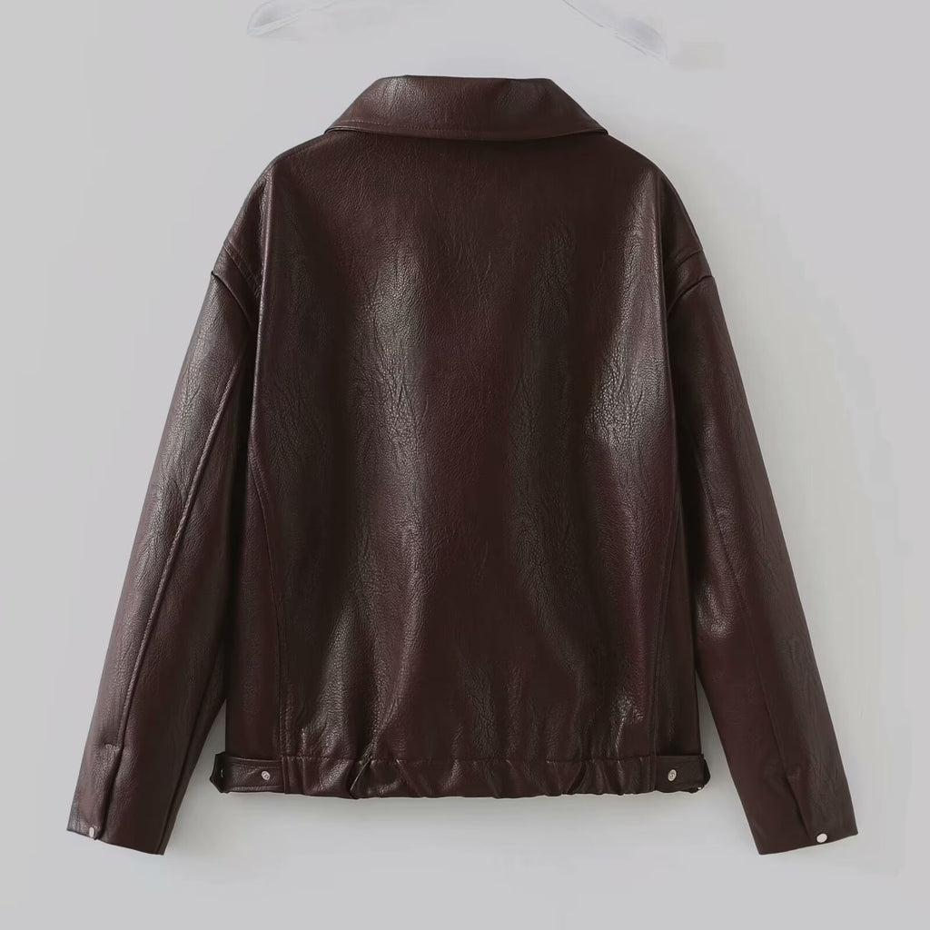 Zipper Jacket - Casual Long Sleeve Leather Coat