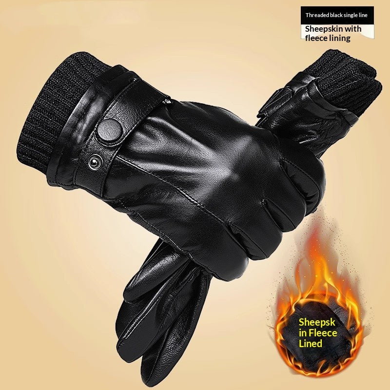 Genuine Leather Gloves With Fleece Lining For Extra Warmth And Waterproof Protection Black Single Stripe