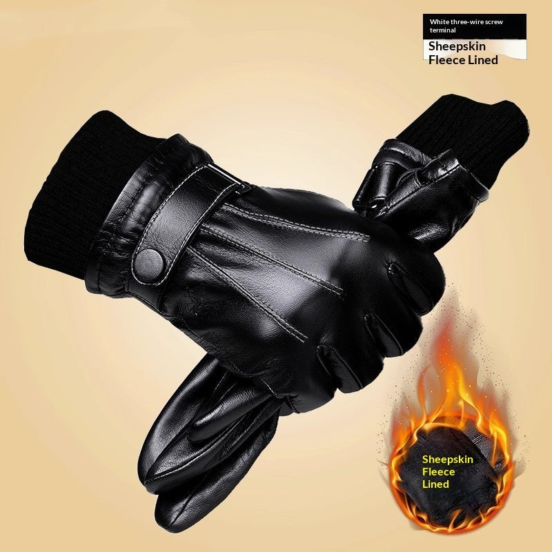 Genuine Leather Gloves With Fleece Lining For Extra Warmth And Waterproof Protection White Ribbed Edge