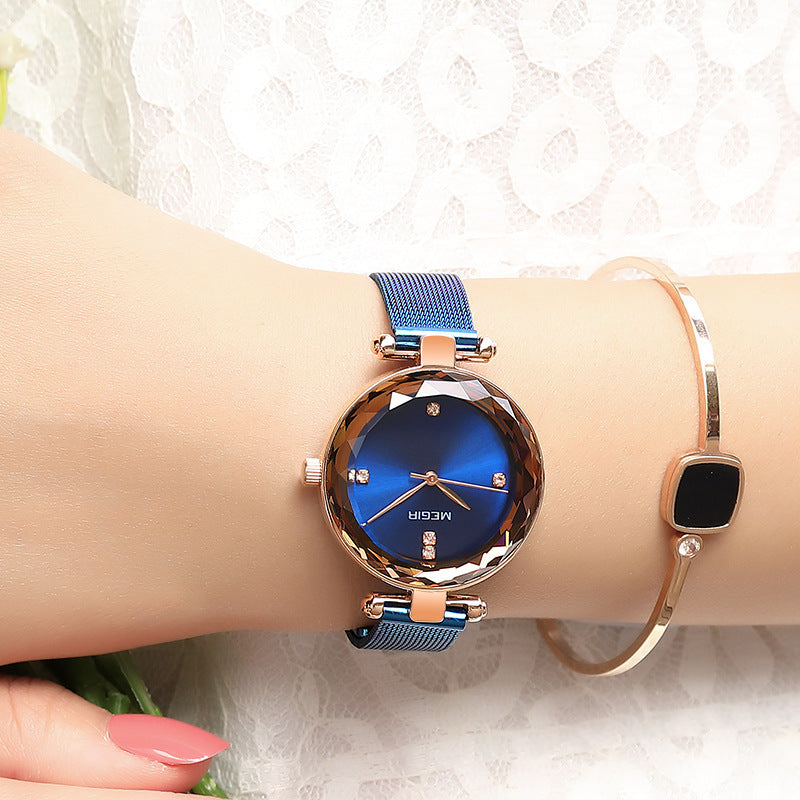Stylish Cut-mirror Quartz Womens Watch With A Steel Band And Diamond Accents