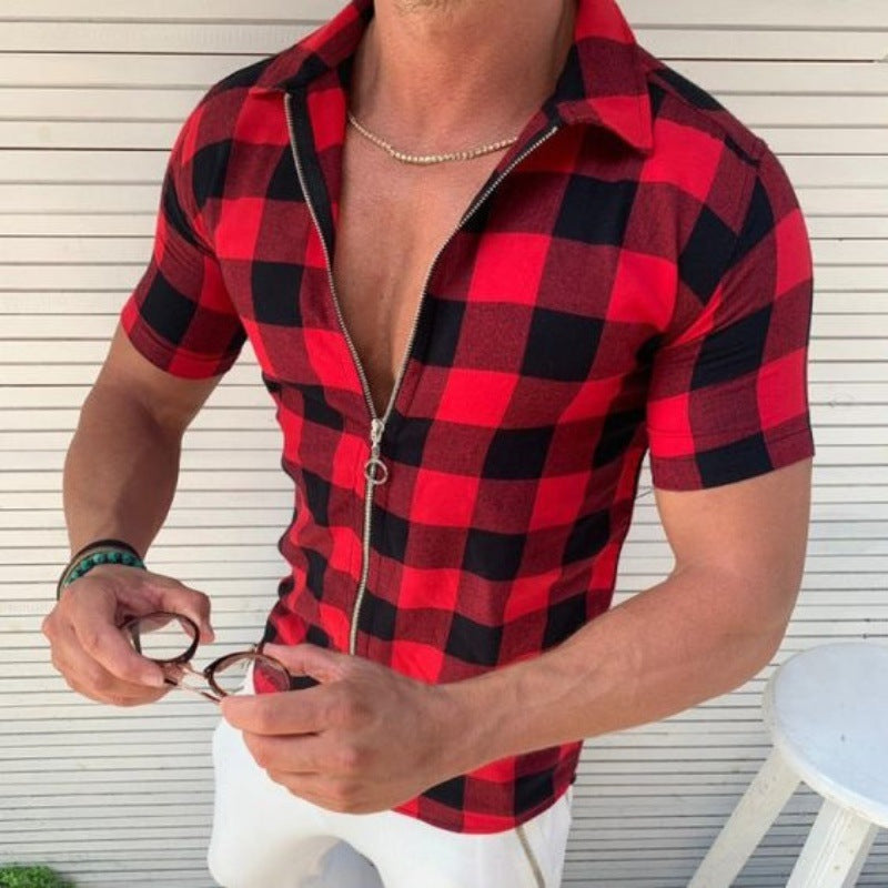 Plaid Zipper Short Sleeve Shirt Red