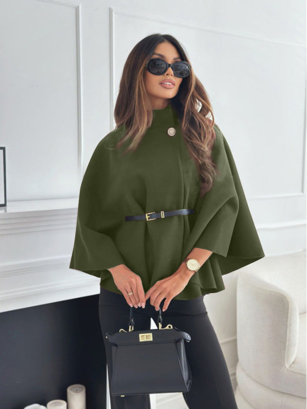 Stand Collar Batwing Sleeves Cloak Top With Belt Army Green