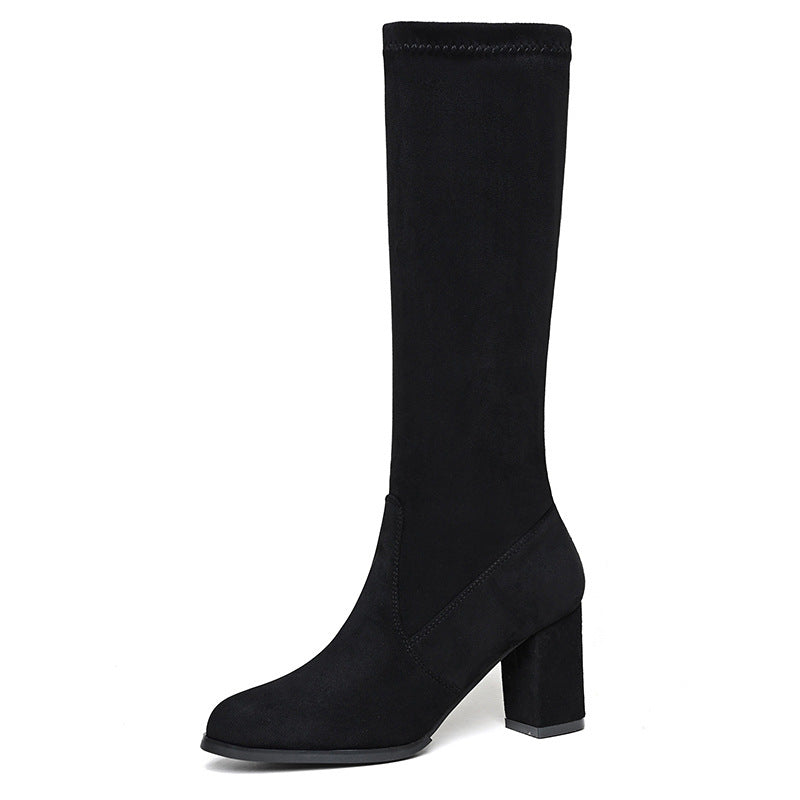 Below The Knee Boots Stretch Boots Suede Pointed Toe Black