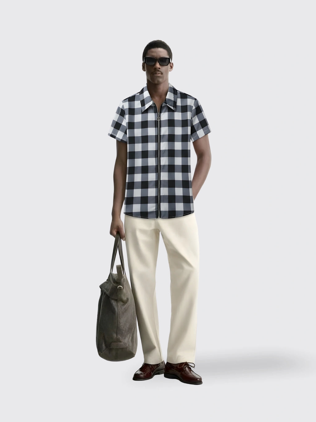 Plaid Zipper Short Sleeve Shirt