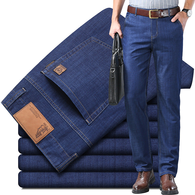 Denim Pants Loose Straight Leg Style For Middle Aged Men Dark Blue