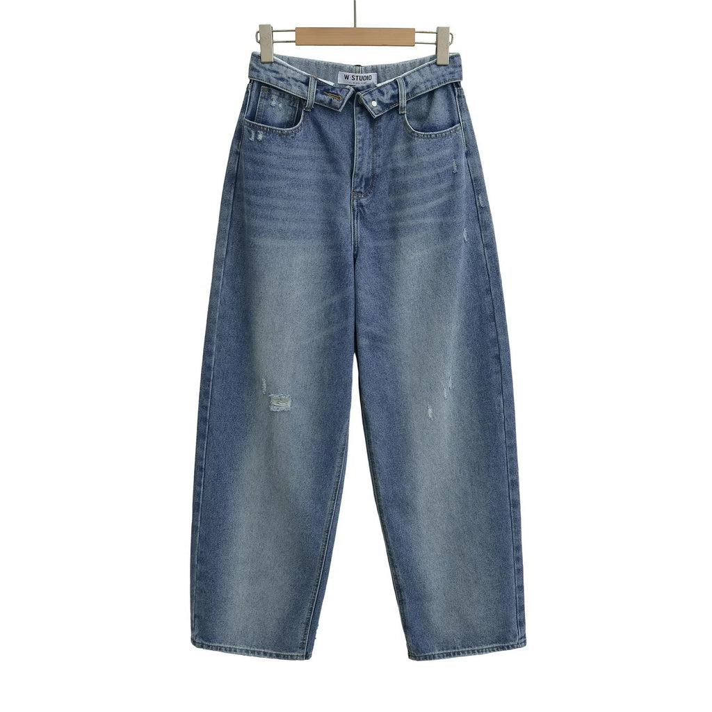Wide-leg Pants With A Curled Hem Dark Blue