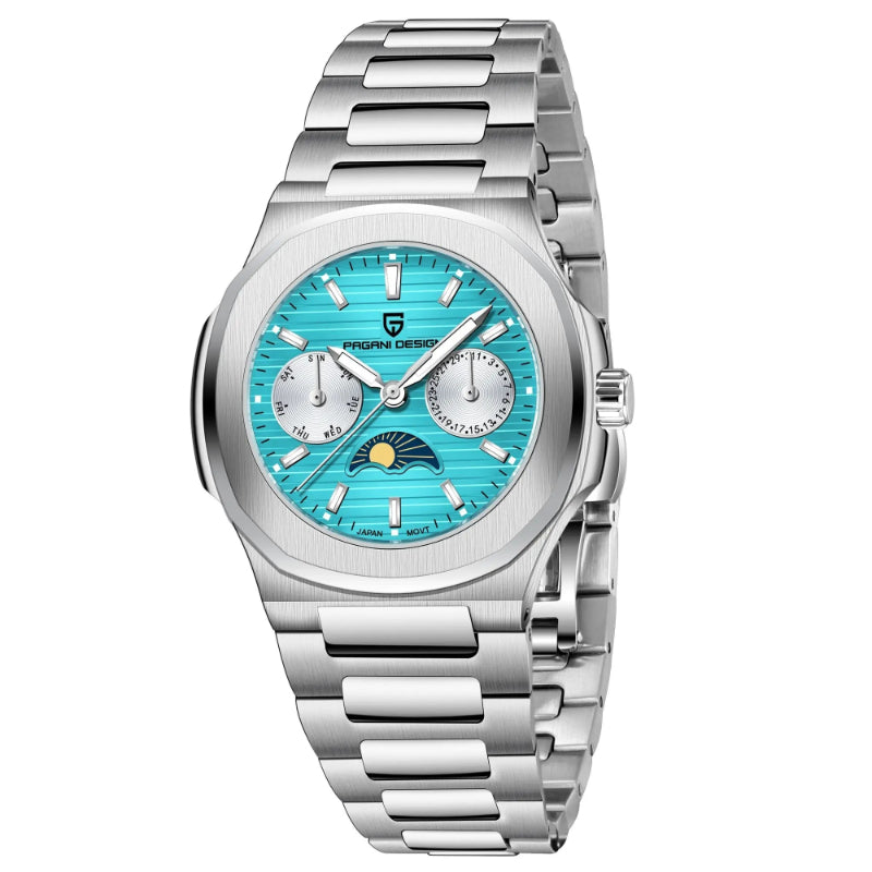 Multi-functional Water-resistant Luminous Moon Phase Watch With A Chronograph Sky blue