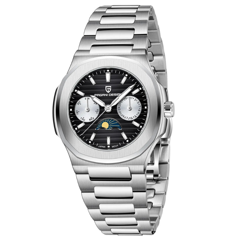 Multi-functional Water-resistant Luminous Moon Phase Watch With A Chronograph Black