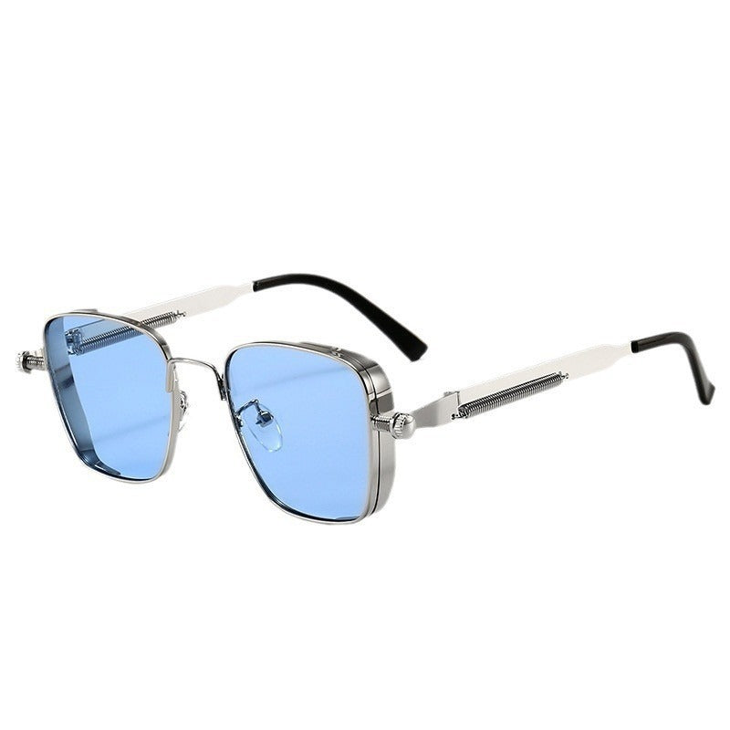 Vintage-style Square Metal Sunglasses With A Personalized Touch Silver Frame Blue Lens