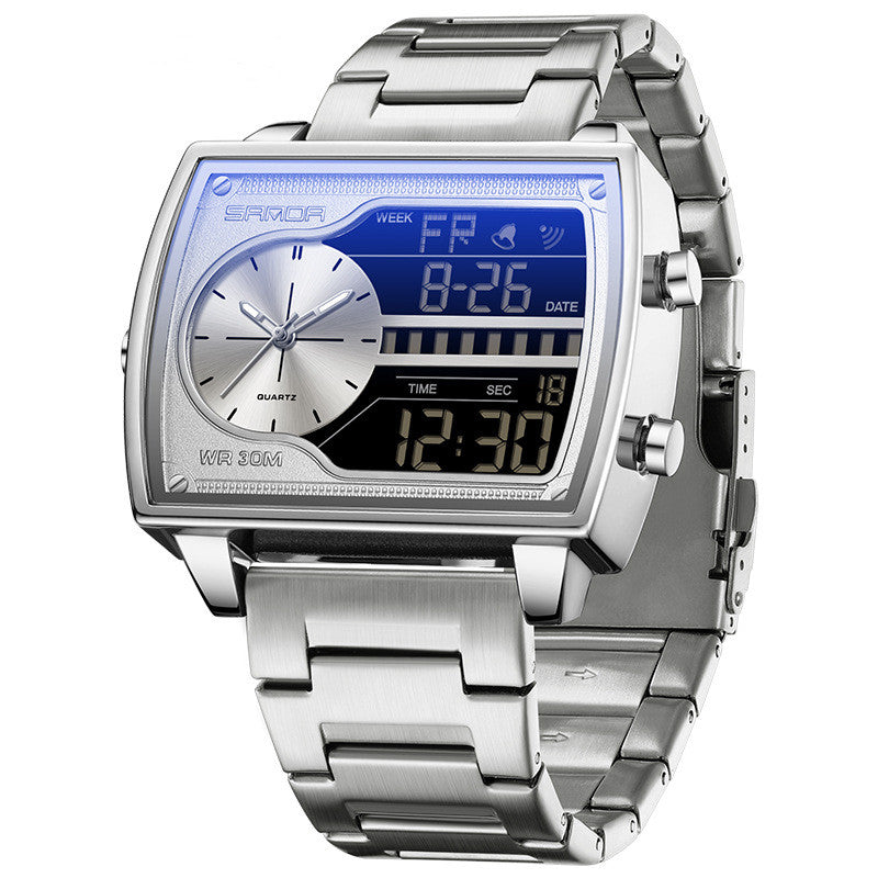 Multifunctional Electronic Business Watch Mens Steel Belt Silver Black