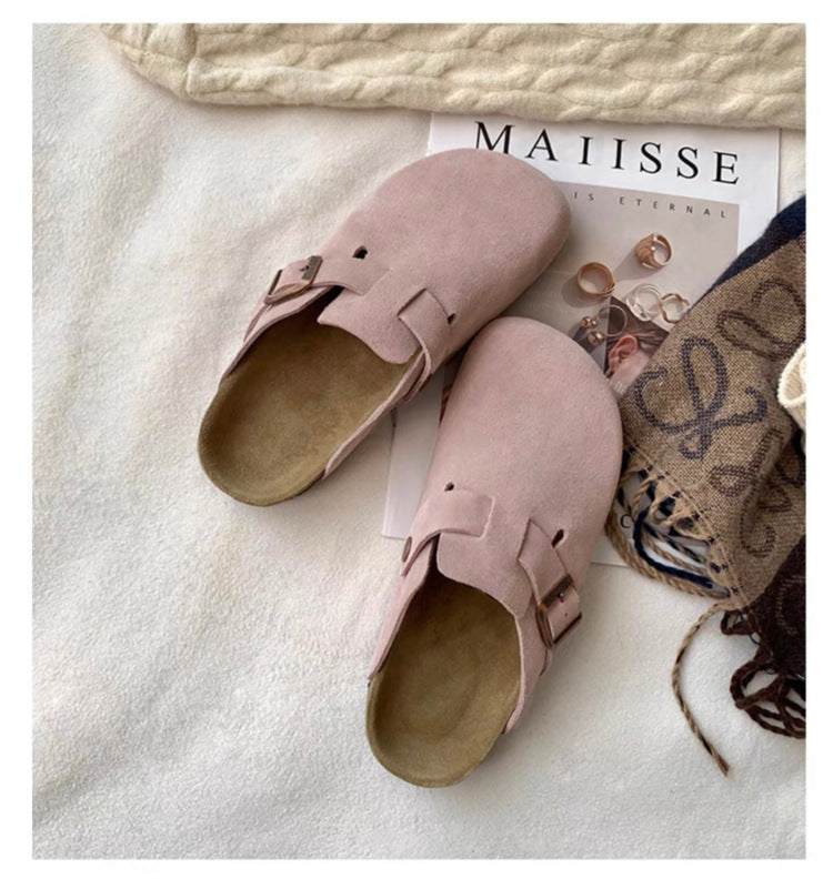 Leather French Retro Closed Toe Half Slippers Pink