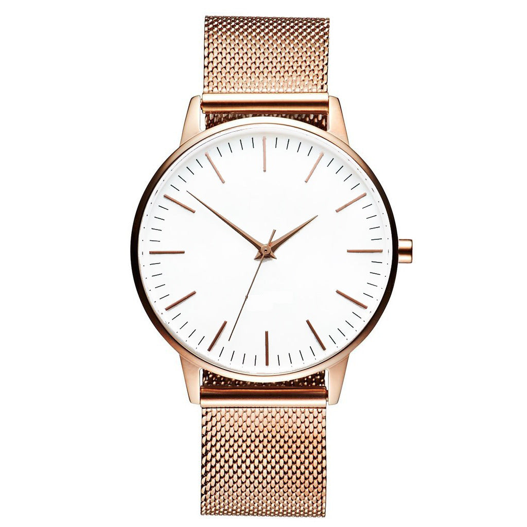 Casual Ultra-thin Fashion Quartz Watch With A Metal Mesh Band Rose Gold White Noodles