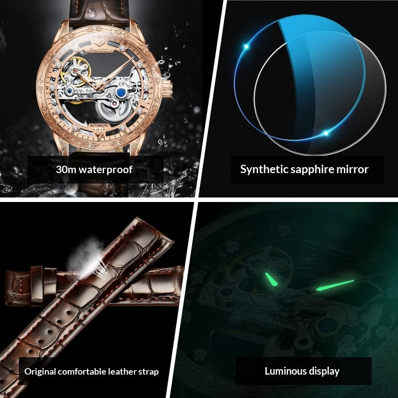 Openwork Mechanical Watch With Waterproof Leather Strap