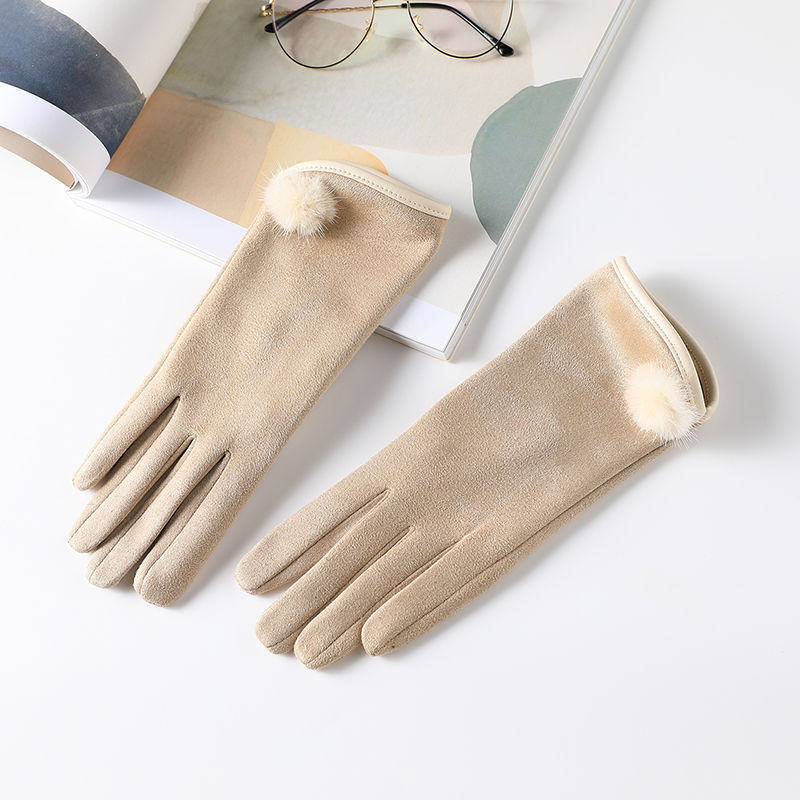 Women's Winter Fashion Korean Style Autumn Winter Fleece Warm Gloves Beige Free Size