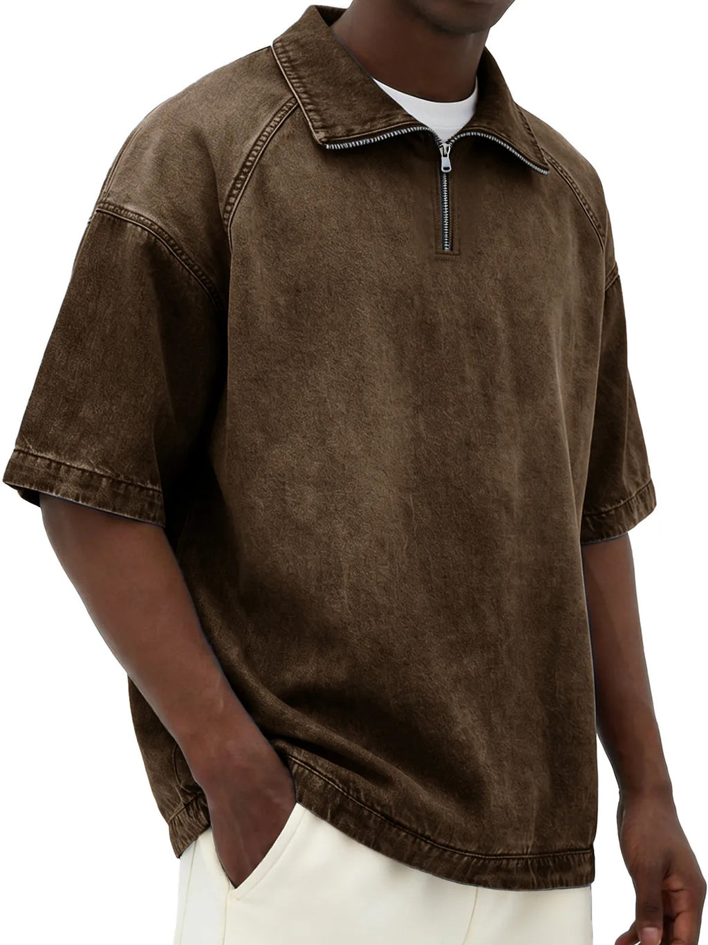 Short-sleeve Lapel Zip-up Shirt Brown