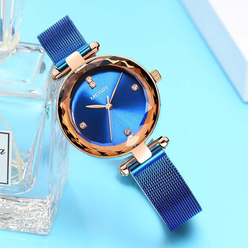 Stylish Cut-mirror Quartz Womens Watch With A Steel Band And Diamond Accents