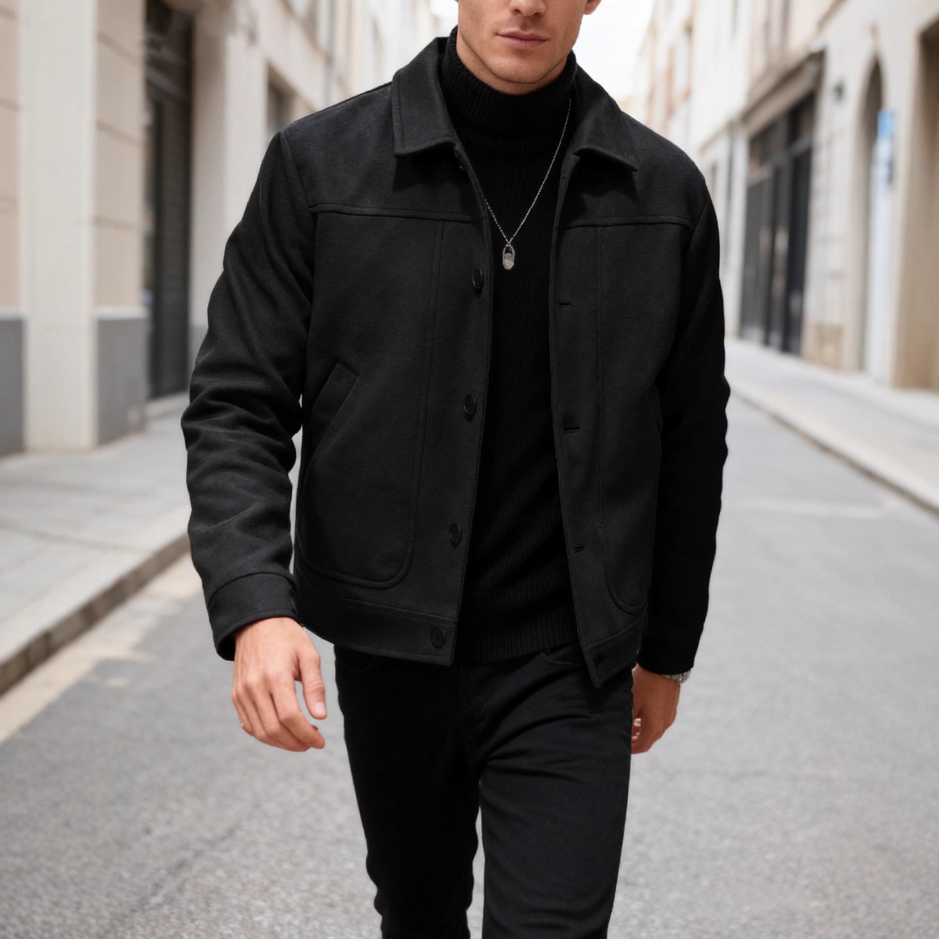 Solid-color Single-breasted Lapel Wool Casual Jacket