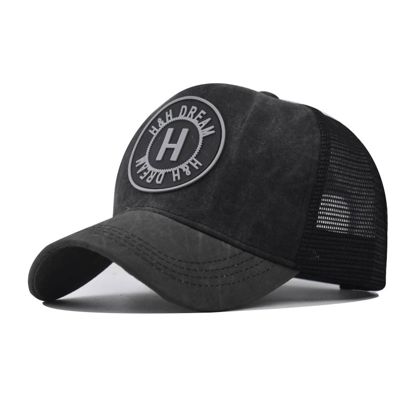 Embroidered Baseball Washed Old Peaked Cap H Black Adjustable
