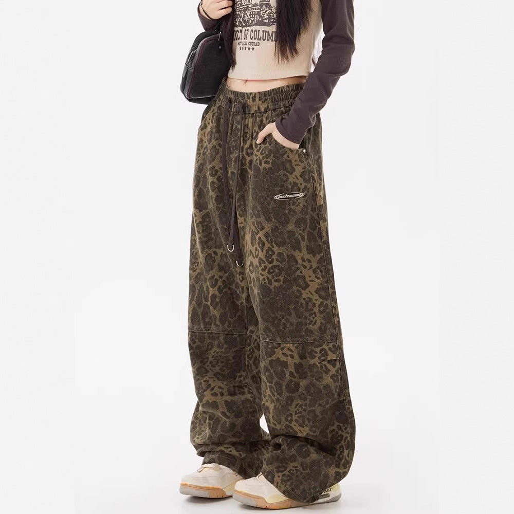 Leopard Print Elastic Waist Loose Wide Leg Pants