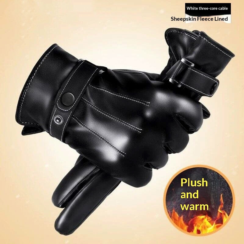 Genuine Leather Gloves With Fleece Lining For Extra Warmth And Waterproof Protection White Triple Stitch