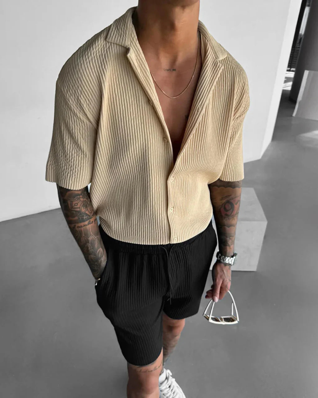 Solid-Color Casual Cardigan Shirt Apricot