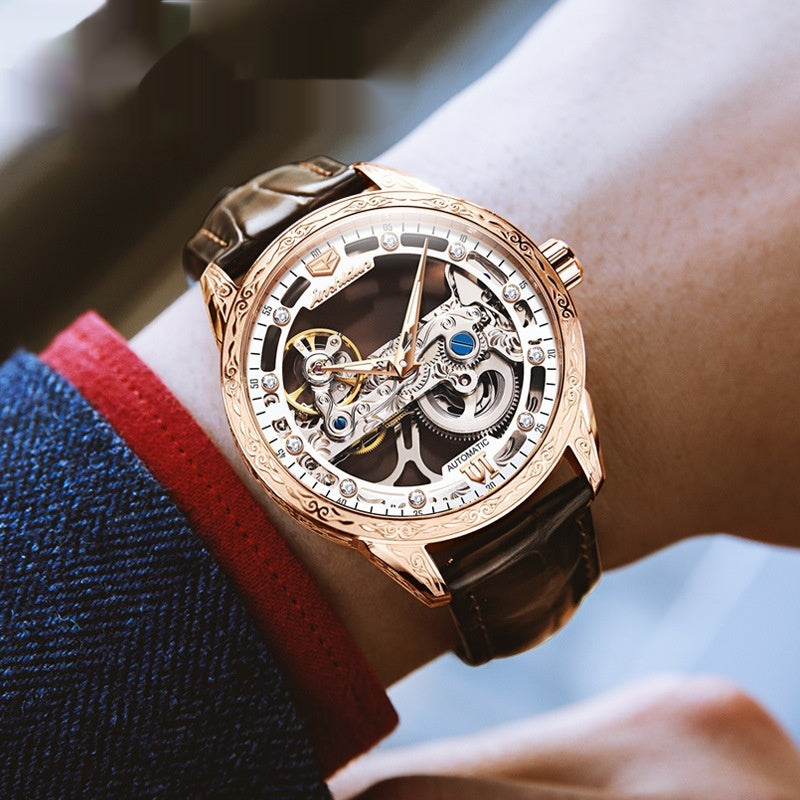Openwork Mechanical Watch With Waterproof Leather Strap