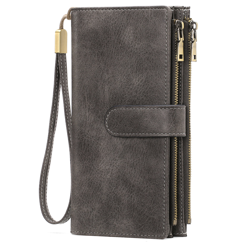 Womens Long Wallet Multi-functional Vintage Tri-fold Purse Dark Gray