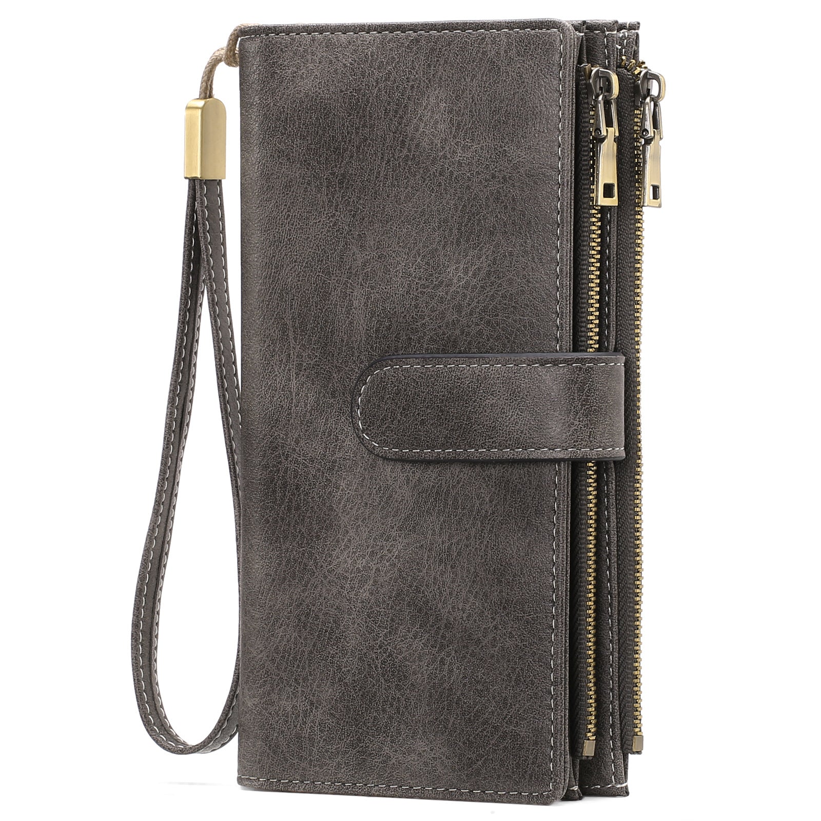 Womens Long Wallet Multi-functional Vintage Tri-fold Purse Dark Gray