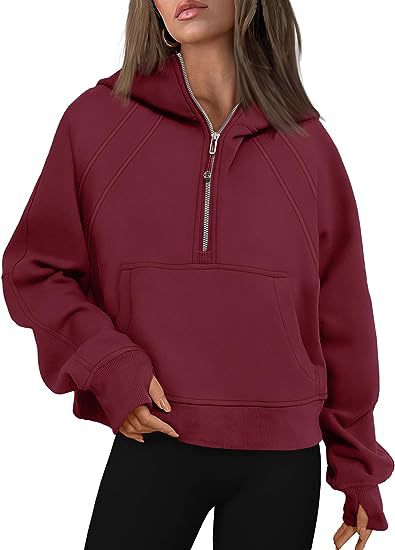 Zipper Hoodie Sweatshirt With Pocket Wine Red