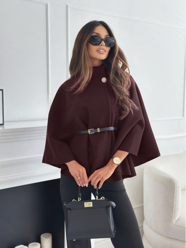 Stand Collar Batwing Sleeves Cloak Top With Belt Red Coffee