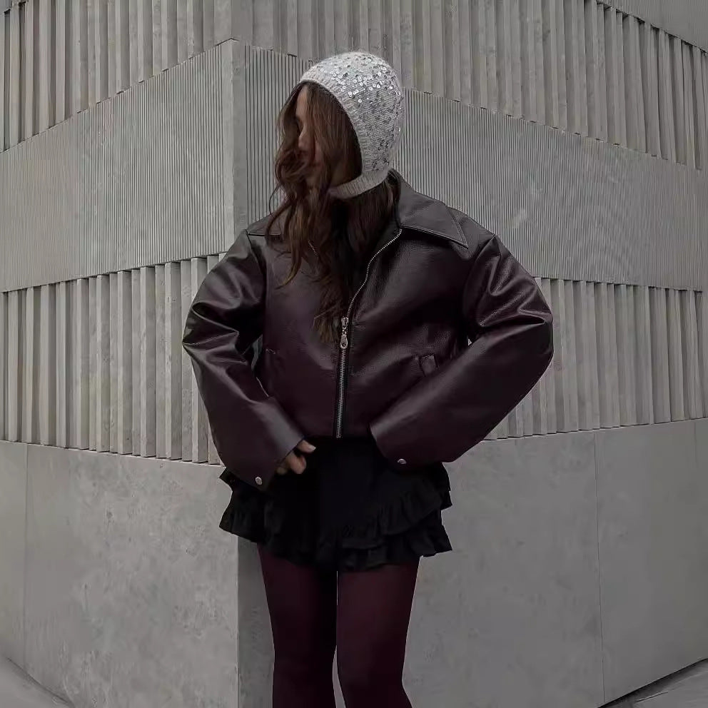 Zipper Jacket - Casual Long Sleeve Leather Coat