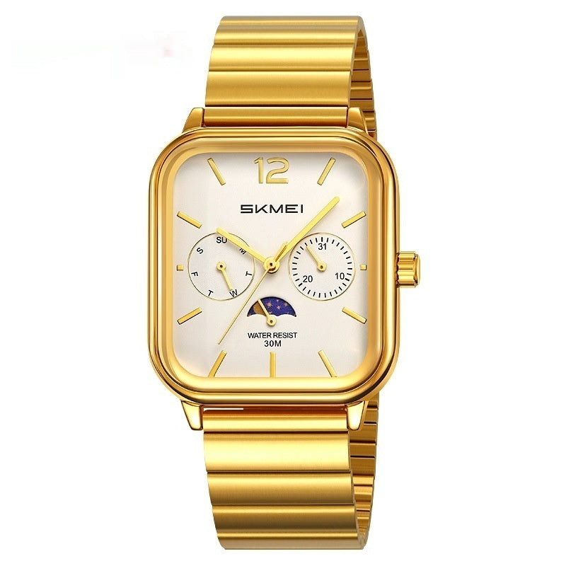 Stylish Multifunctional Square Watch Gold Shell White Surface