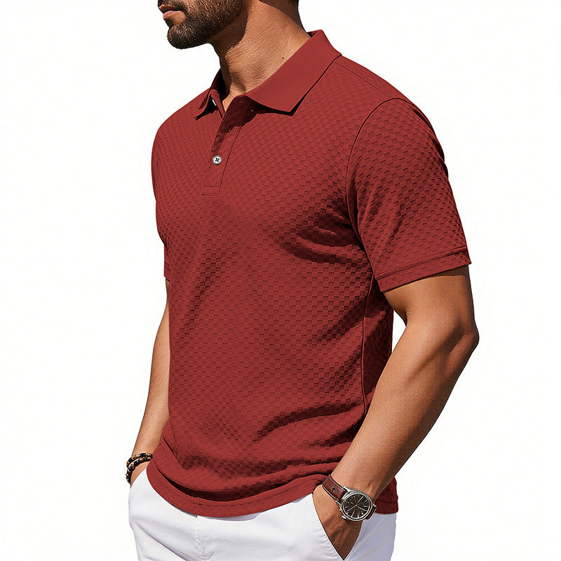 Mens Plaid Polo Shirt Breathable Brick Red
