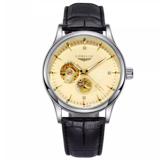 Genuine Leather Waterproof Watch With A Fully Automatic Mechanical Movement Silver case gold dial