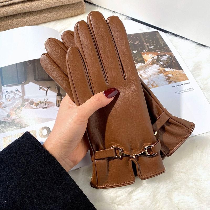 Gloves Women's Winter Warm Plus Fleece Gloves PU Brown One size