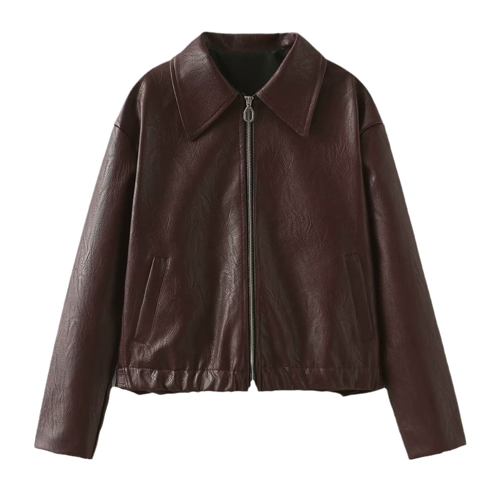 Zipper Jacket - Casual Long Sleeve Leather Coat Burgundy
