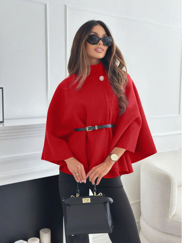 Stand Collar Batwing Sleeves Cloak Top With Belt Red