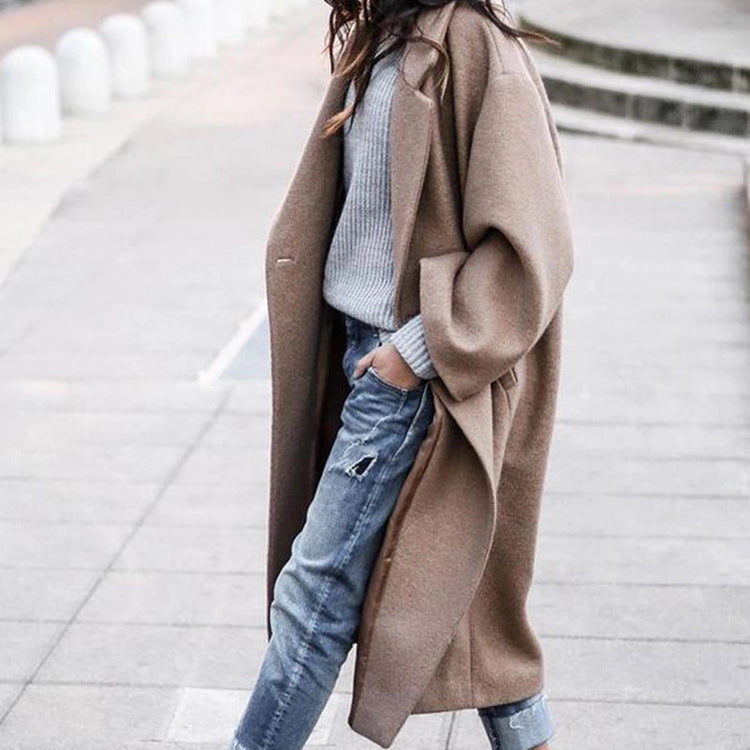 Casual Long Jacket With Pockets Khaki