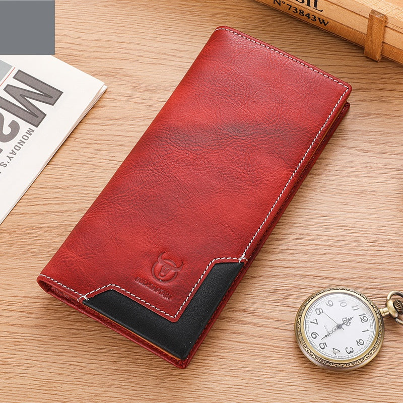 Captain Niu Oil-Waxed Leather Retro First-Layer Cowhide Bifold Large-Capacity Mens Wallet Flame Red