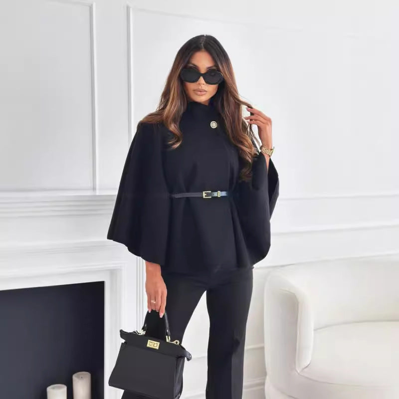 Stand Collar Batwing Sleeves Cloak Top With Belt Black XS