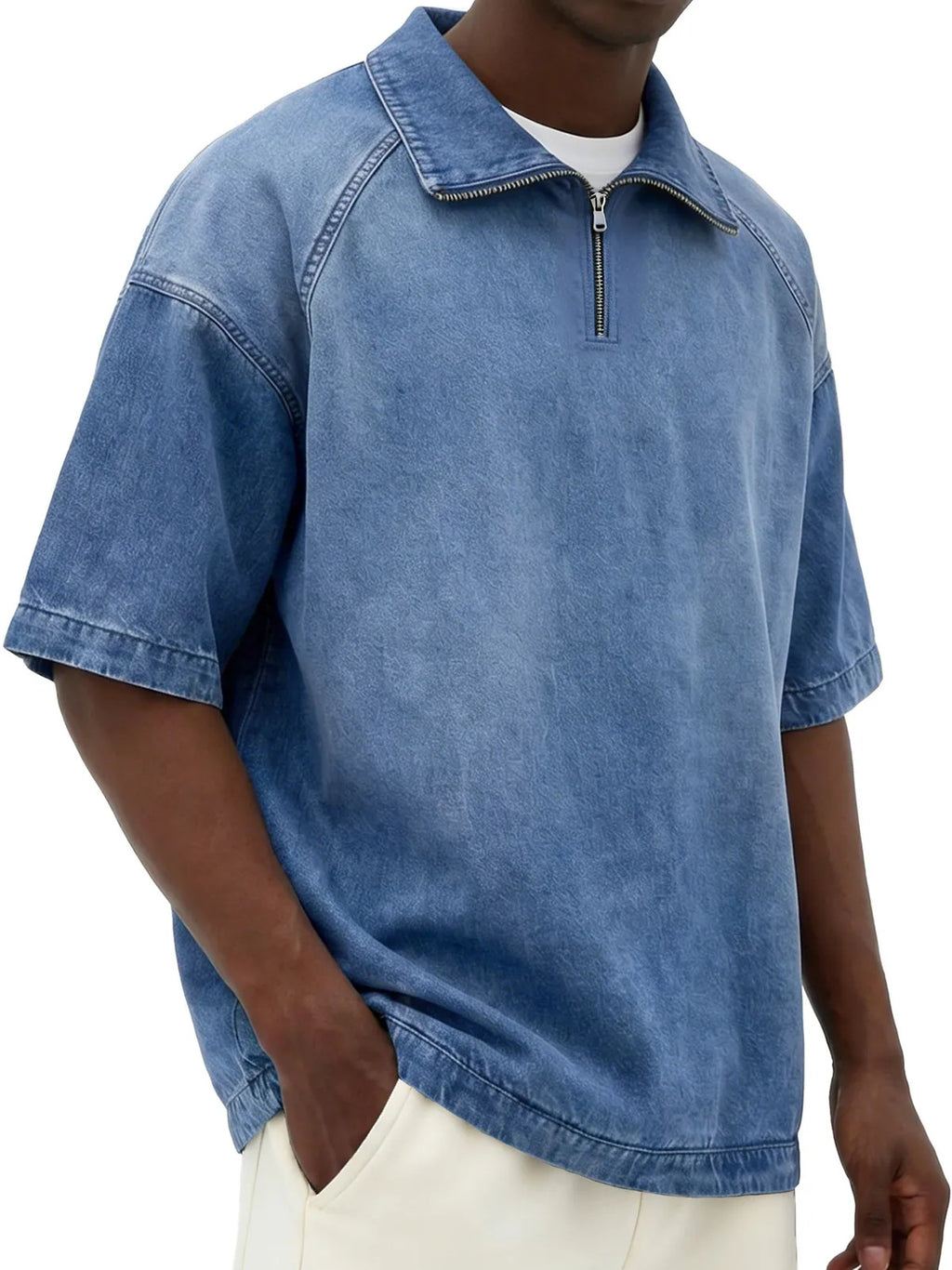 Short-sleeve Lapel Zip-up Shirt Light Blue