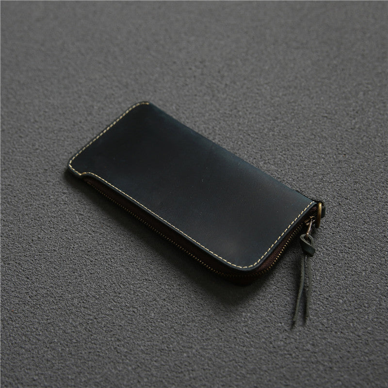 Leather Belt Zipper Wallet Blue Crazy Horse Leather