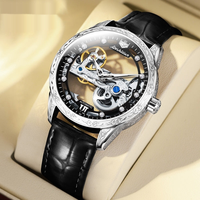 Openwork Mechanical Watch With Waterproof Leather Strap Black Notebook Black surface