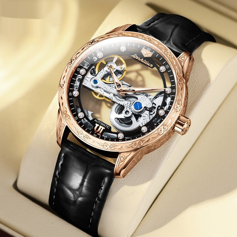 Openwork Mechanical Watch With Waterproof Leather Strap Black Rose Shell Black