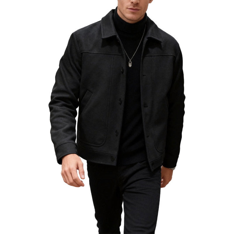Solid-color Single-breasted Lapel Wool Casual Jacket Black