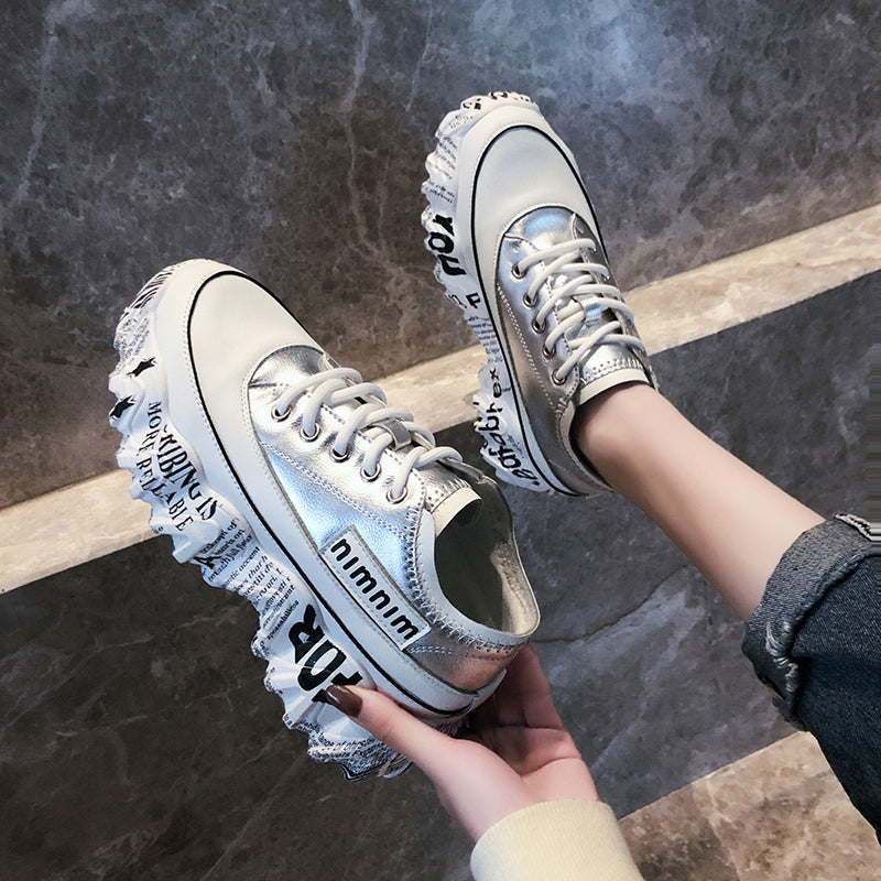 Newspaper Trifle Bottom Trendy Casual Heightening Sneakers Silver