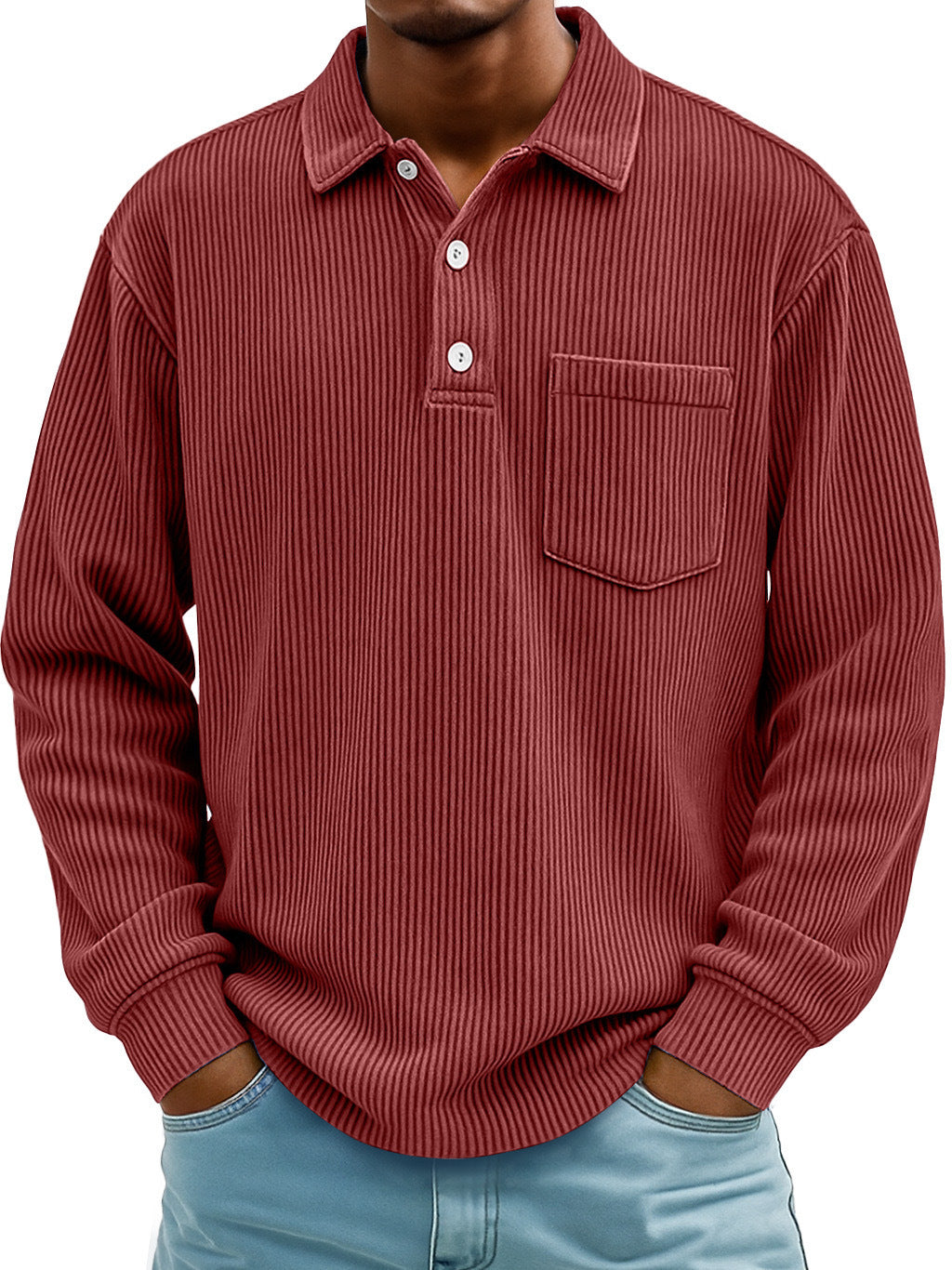 Polo Shirt Casual Corduroy-Striped Red