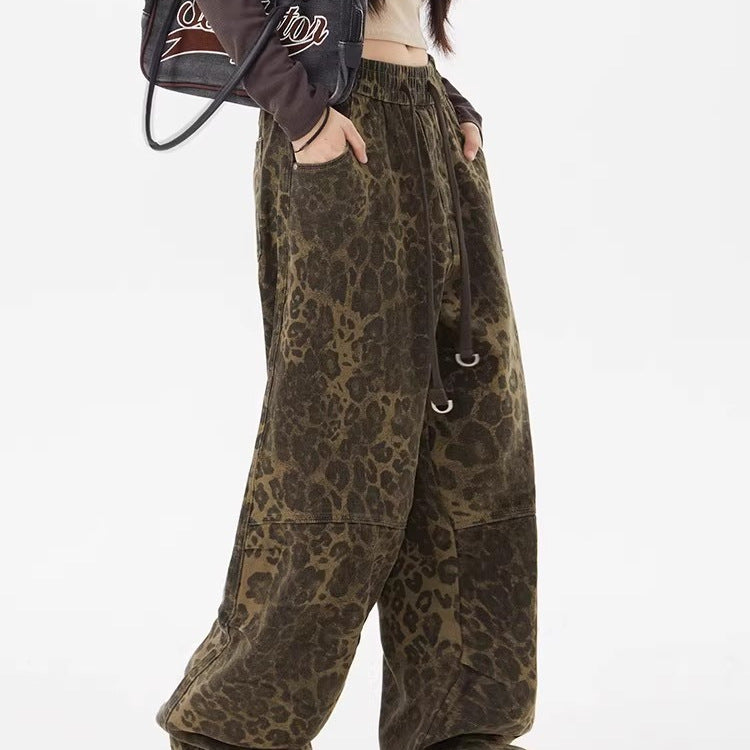 Leopard Print Elastic Waist Loose Wide Leg Pants