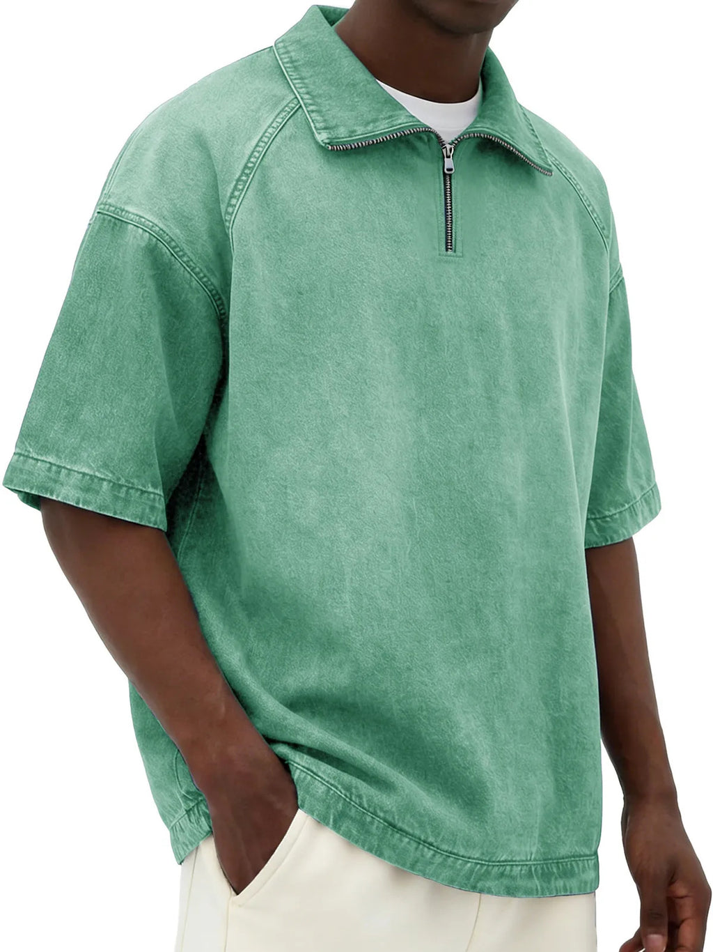 Short-sleeve Lapel Zip-up Shirt Light Green