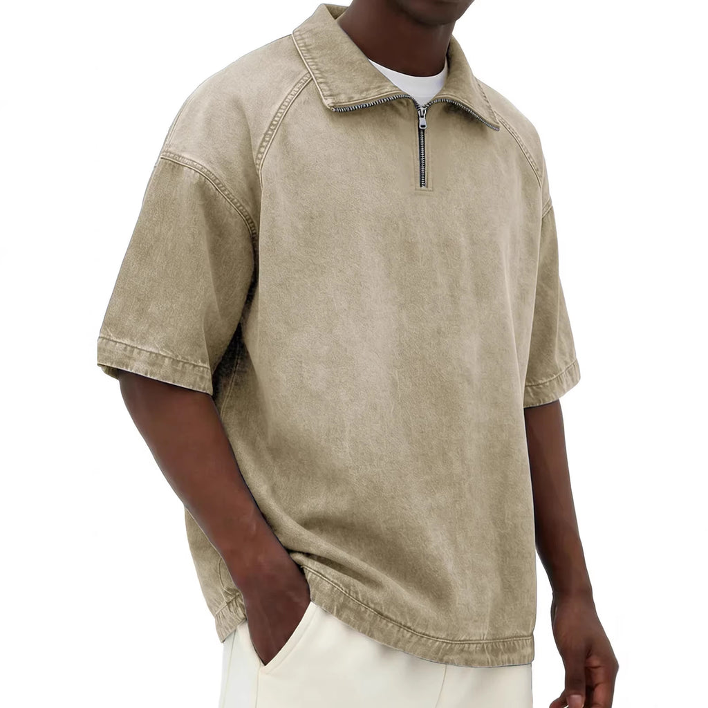 Short-sleeve Lapel Zip-up Shirt